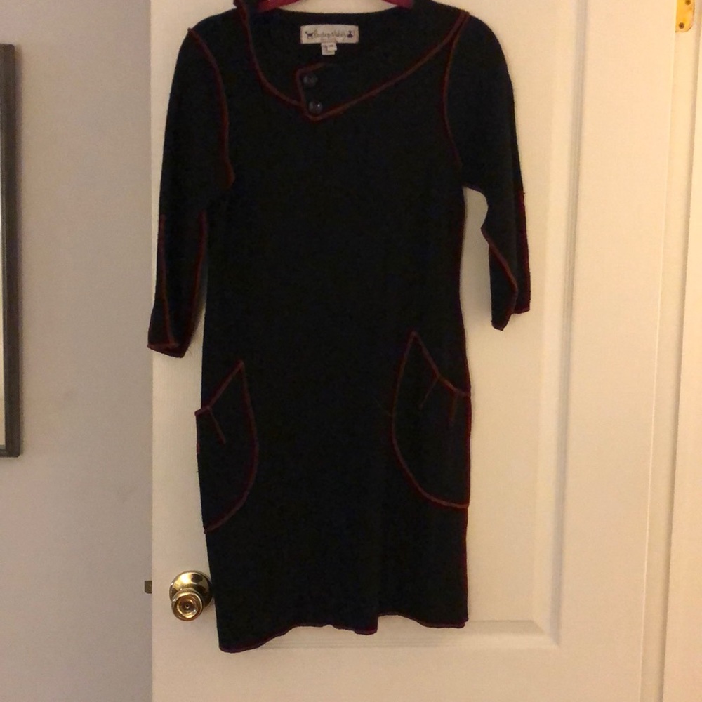 Black Wool Dress with Red Trim